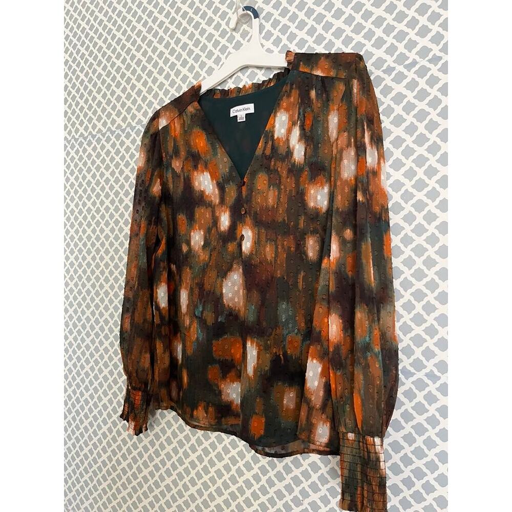 Calvin Klein Rust Brown Black Popover Blouse Large - Picture 5 of 9